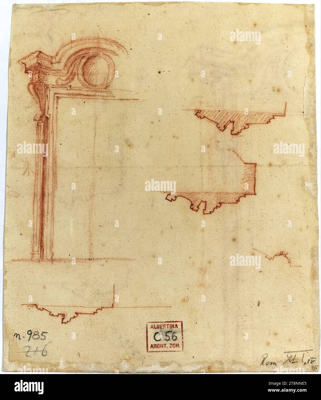 Rome, Palazzo Barberini, main hall, side portal, preliminary design, 1631, architectural drawing, paper, medium weight; sanguine drawing; Construction and drawing in red chalk, 23 x 13.7 cm Stock Photo