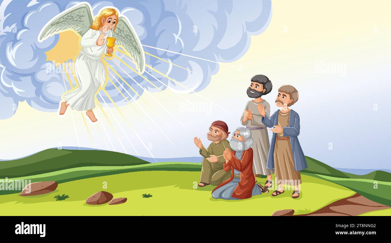 A diverse group of individuals gathered in prayer around an angel sculpture Stock Vector