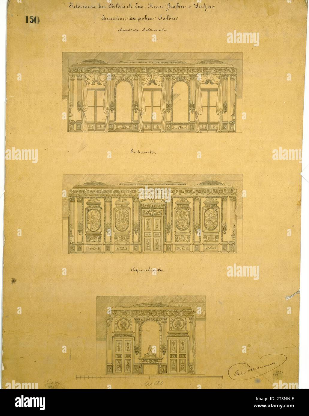 Vienna I, Bösendorferstraße 13, Palais Lützow, 1st floor, large salon, wall development, cuts, Carl von Hasenauer (Vienna 1833 - 1894 Vienna), 1872, architectural drawing, tracing paper on paper, pen and ink in black, 646 x 485 mm, '150 ', 'Interiors of the Palais Sr. Exc. Mr. Count v. Lützow./ Decoration of the large salon (sic)./ View of the balcony side.', 'Entreseite (sic).', 'Narrow side.', 'From 580 Stock Photo