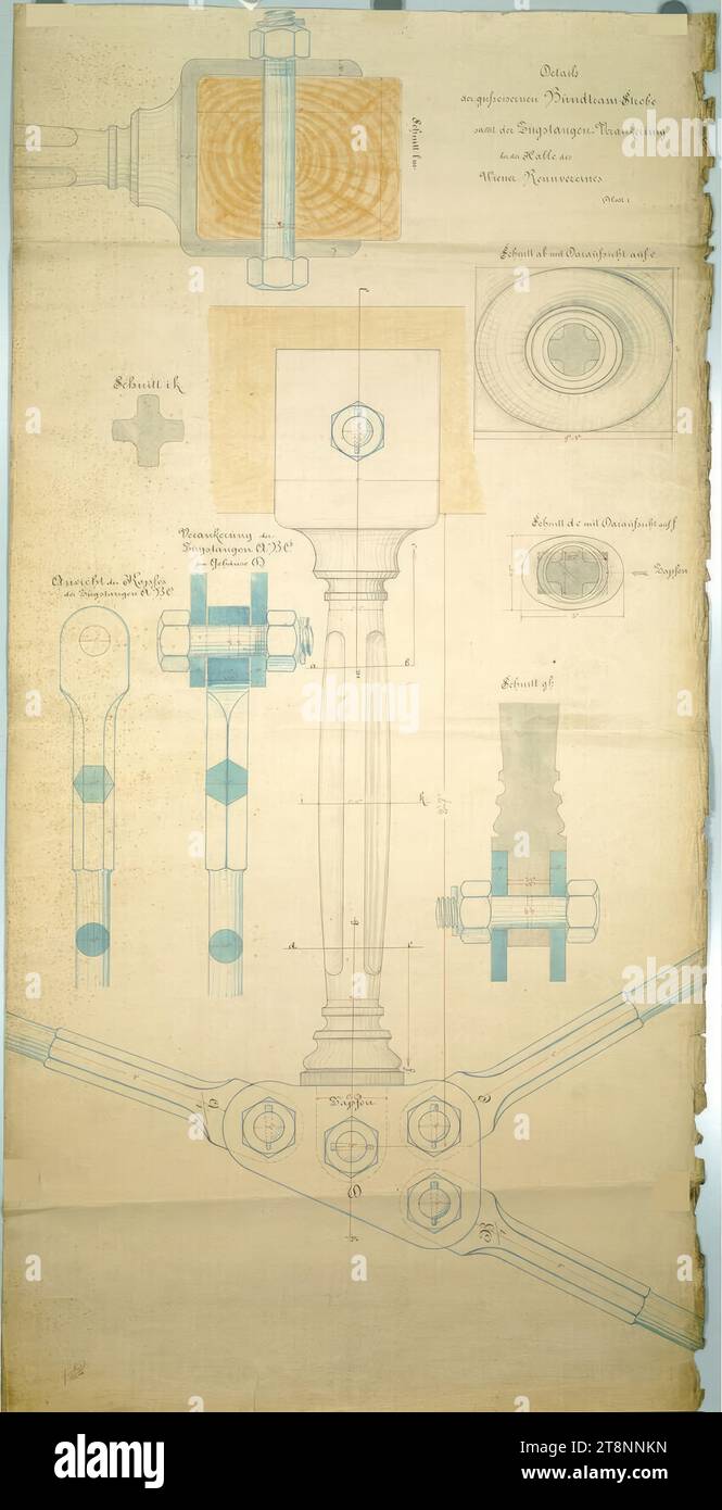 Vienna II, Freudenau, stand, construction detail, Carl von Hasenauer (Vienna 1833 - 1894 Vienna), December 22, 1869, plan, pencil, ink with pen on paper, watercoloured, 'Details/ of the cast-iron Bundtram strut/ together with (sic) the Tension rod anchorage/ near the hall of the/ Wiener Rennverein./ Sheet 1 Stock Photo