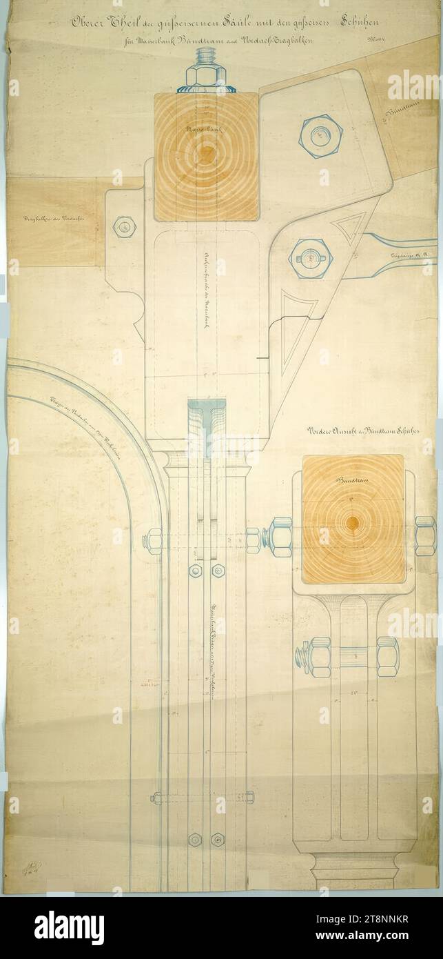 Vienna II, Freudenau, grandstand, construction detail, Carl von Hasenauer (Vienna 1833 - 1894 Vienna), December 29, 1869, plan, pencil, ink with pen on paper, watercoloured, 'Upper part of the cast-iron column with the cast-iron shoes/ for the Bündtram wall bench and canopy girder sheet 4 Stock Photo