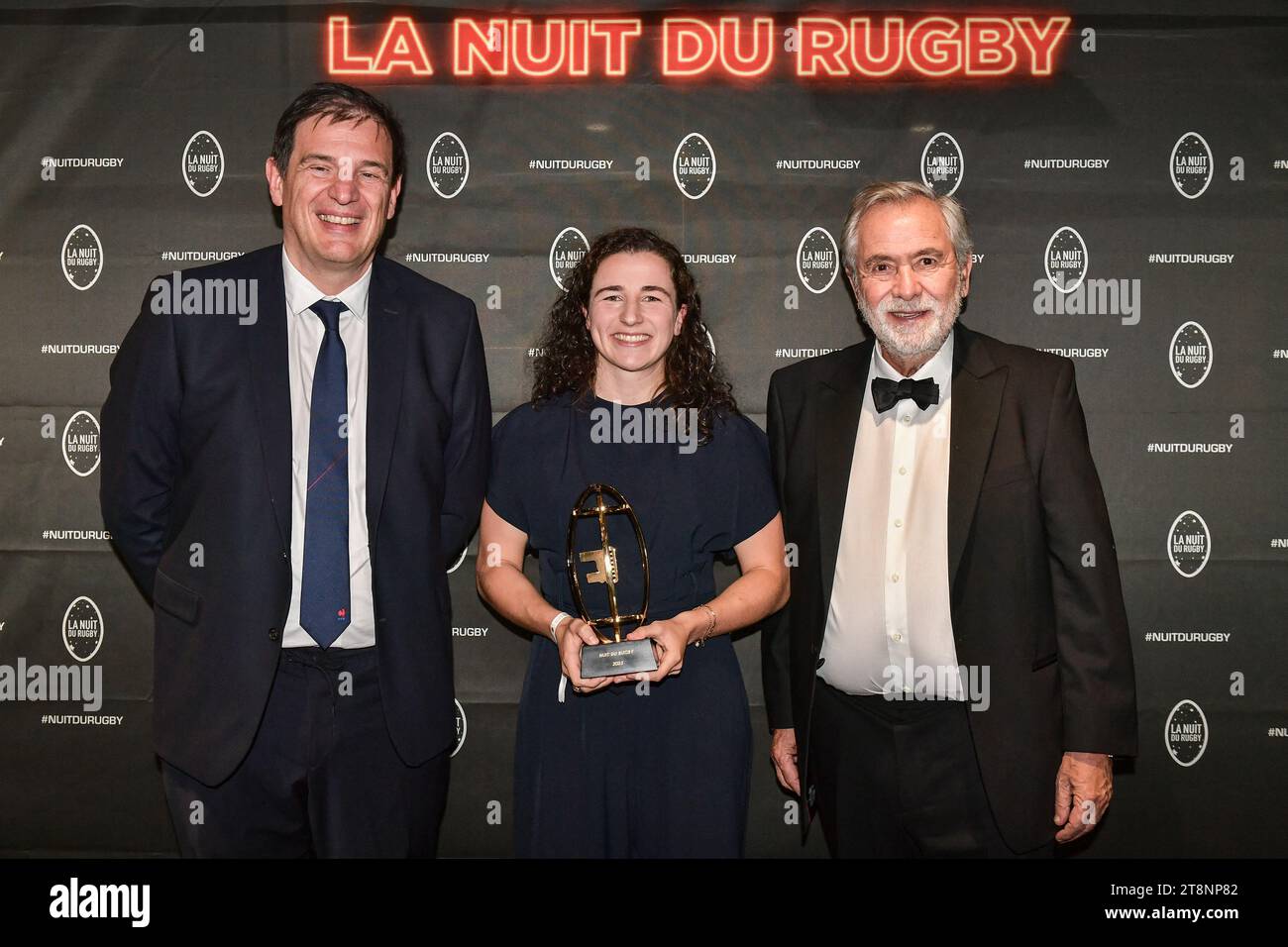 Paris, France. 20th Nov, 2023. French rugby union player Gabrielle Vernier poses for a photocall next to CEO and co-founder, COSPIRIT GROUPE Florian Grill (L) and President of the French National Rugby League Jean-Rene Bouscatel (R) after winning the Best International Player for women during La Nuit Du Rugby ceremony organized by the French Rugby League at the Olympia in Paris on November 20, 2023. Photo by Firas Abdullah/ABACAPRESS.COM Credit: Abaca Press/Alamy Live News Stock Photo
