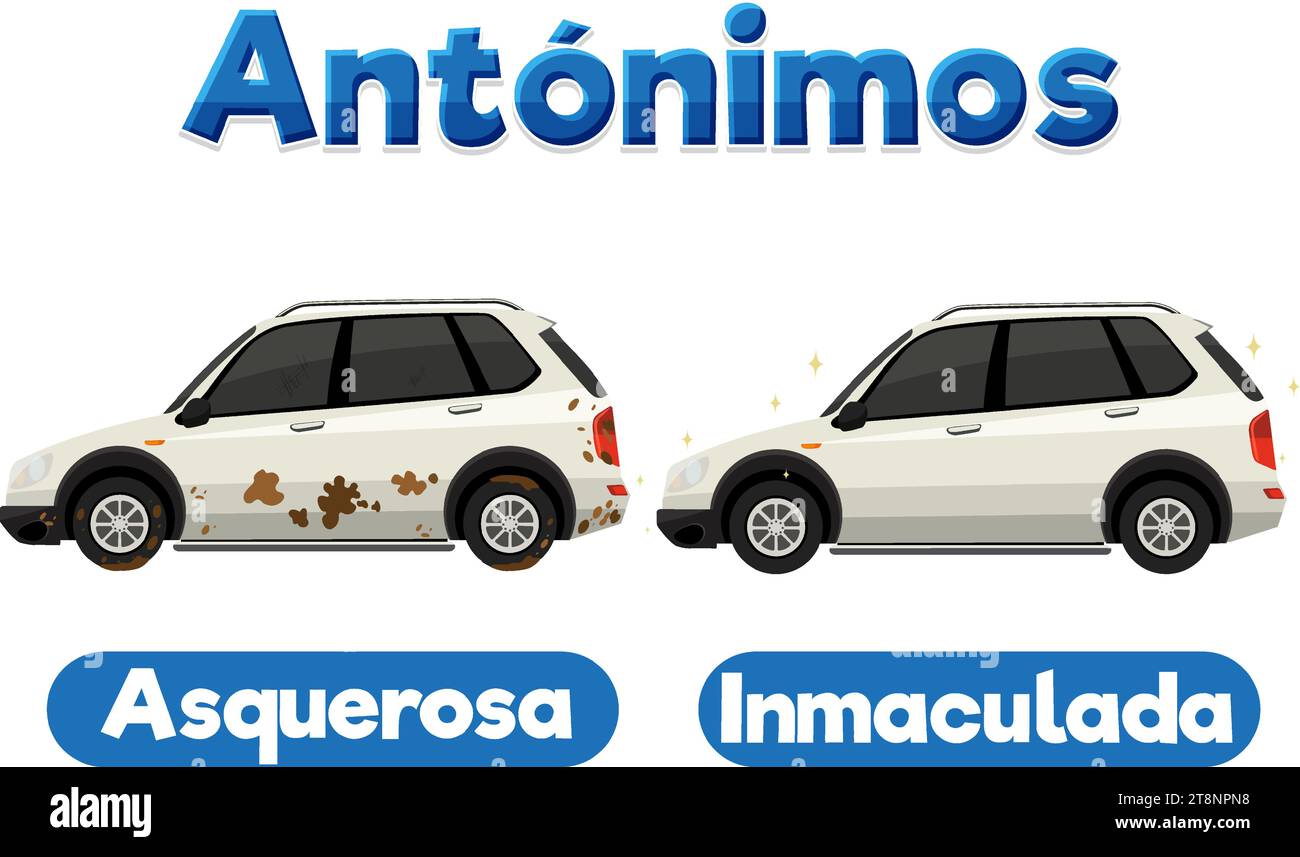 A vector cartoon illustration of Spanish language word cards depicting