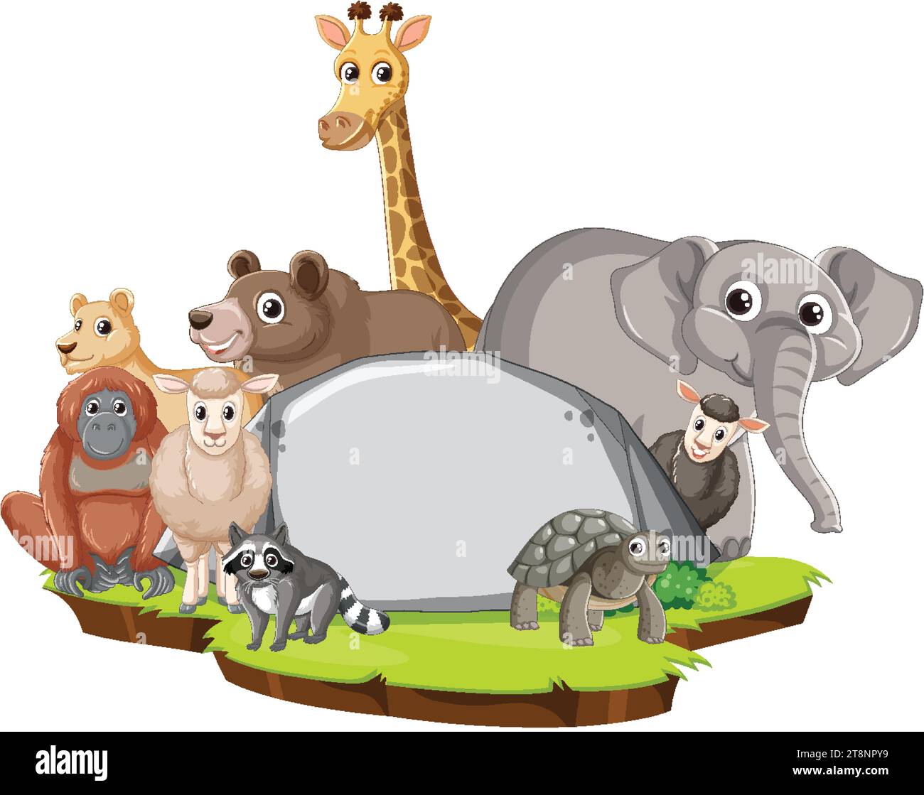 A group of wild animals standing near a blank stone banner Stock Vector ...