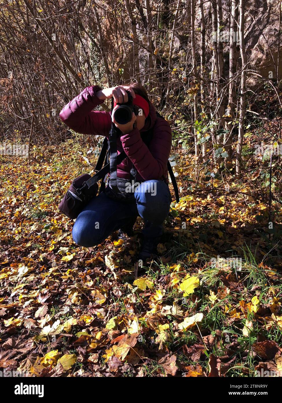 Portrait of senior woman taking photo in nature Stock Photo