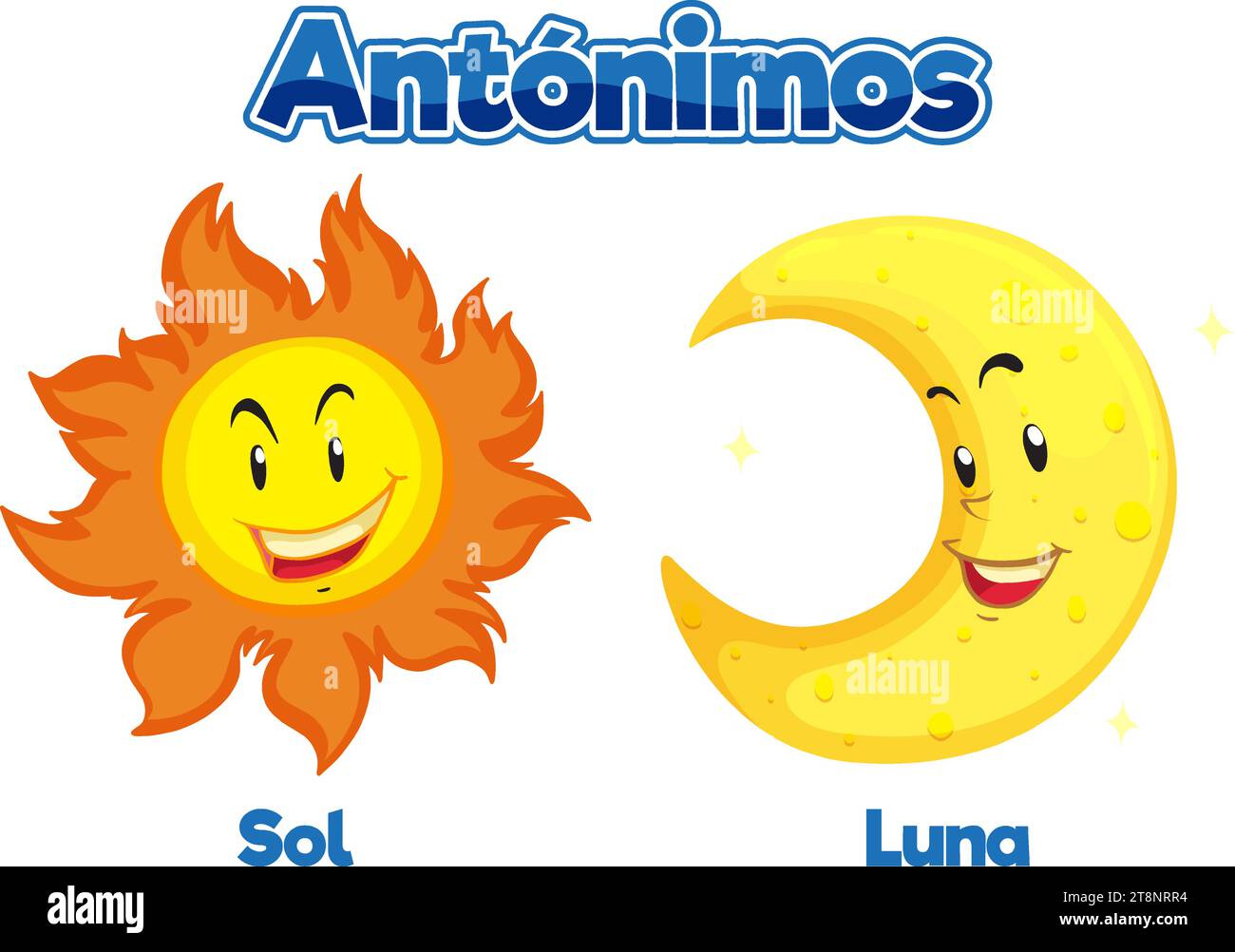 Illustrated card with Spanish antonyms: Sol (sun) and Luna (moon Stock