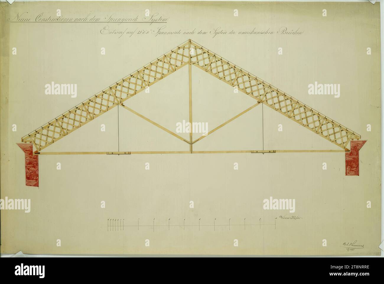 Roof truss construction based on the model of American bridges, cross sections, Carl von Hasenauer (Vienna 1833 - 1894 Vienna), February 12, 1851, architectural drawing, pen and ink in black, watercoloured, pencil, sheet: 37.8 cm x 57.2 cm, 'Neuer Constructionen nach the explosive device system (sic)/ draft at 21°. 0'. 0'. Span according to the system of American bridges Stock Photo