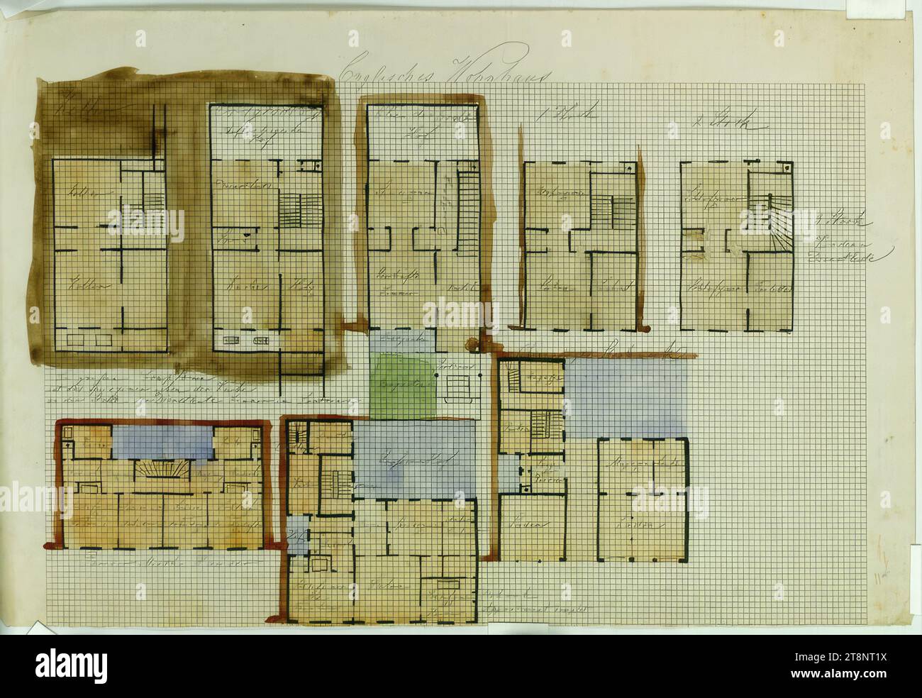 English and Paris residential building, floor plans, Carl von Hasenauer (Vienna 1833 - 1894 Vienna), plan, pencil, watercoloured, 262 x 394 mm, 'English residential building', 'In larger offices/ the dining room (sic) is next to the kitchen/ on the location of the servants' room in the basement (sic)', 'Pariser Mieth houses Stock Photo