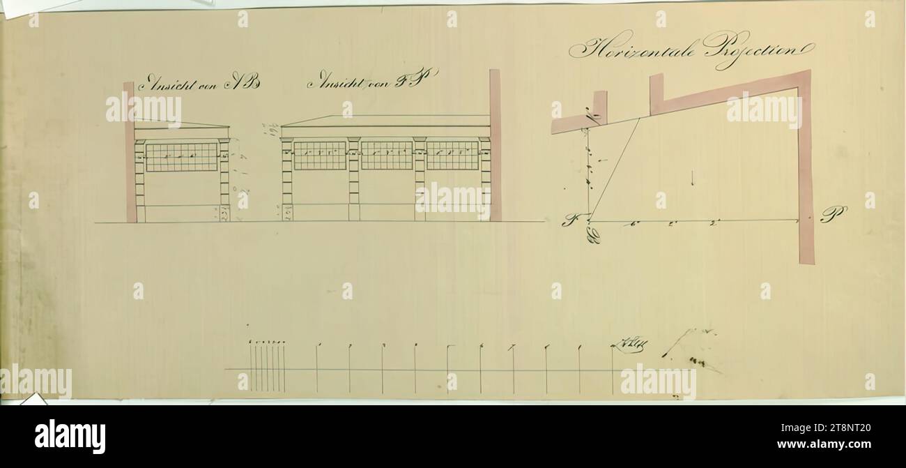 Vienna IV, pavilions and exhibition halls of the 3rd commercial product exhibition in the polytechnic, connecting corridor in the 2nd courtyard, ground plan and elevations, 1845, plan, pencil, pen in black, watercoloured, 221 x 527 mm, 'View from AB', 'View from FP ', 'Horizontal Projection Stock Photo