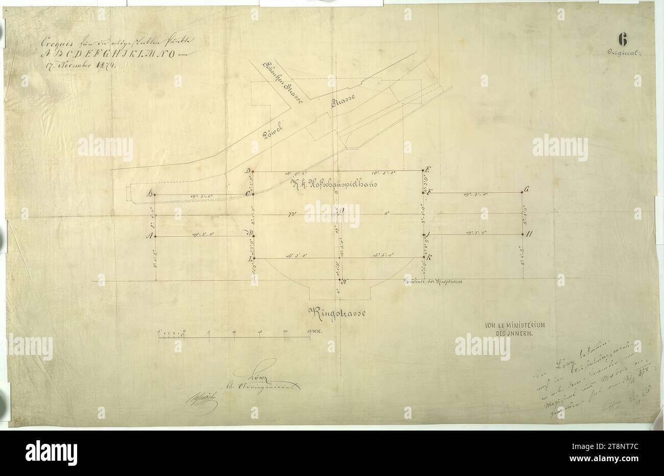 Vienna I, Burgtheater, survey plan of the site, Carl von Hasenauer (Vienna 1833 - 1894 Vienna), November 17, 1874, plan, pen, x mm, 'Croquis for the marked points/ A B C D E F G H J K L M N O on/ November 17, 1874.', '6, Original.', 'FROM THE K. K. MINISTRY/ OF THE INTERIOR', 'Löwy/ kk. Oberingenieur', 'Schmöck', 'Received from Löwy/ after the detachment, which/ he made with the official from/ magistrate and M... on 18/ 11 874/ CH 25/ 11 874 Stock Photo