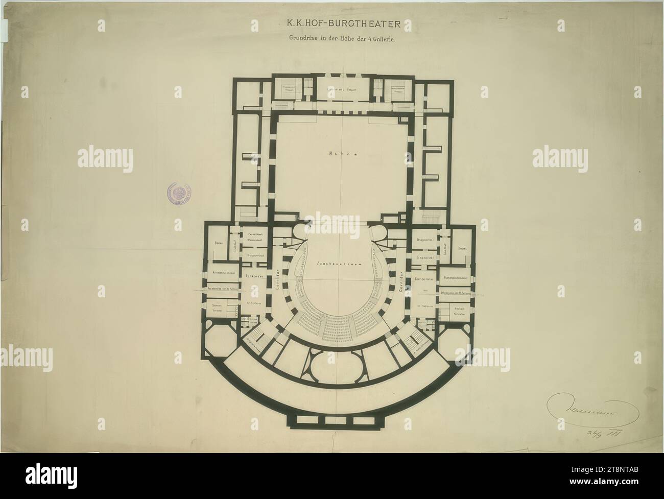 Vienna I, Burgtheater, 4th gallery, floor plan, Carl von Hasenauer (Vienna 1833 - 1894 Vienna), September 26, 1888, plan, break, x mm, 'K. K. ... OBERSTHOFMEISTERAMT', 'K. K. HOF-BURGTHEATER/ Ground plan at the height of the 4th gallery Stock Photo
