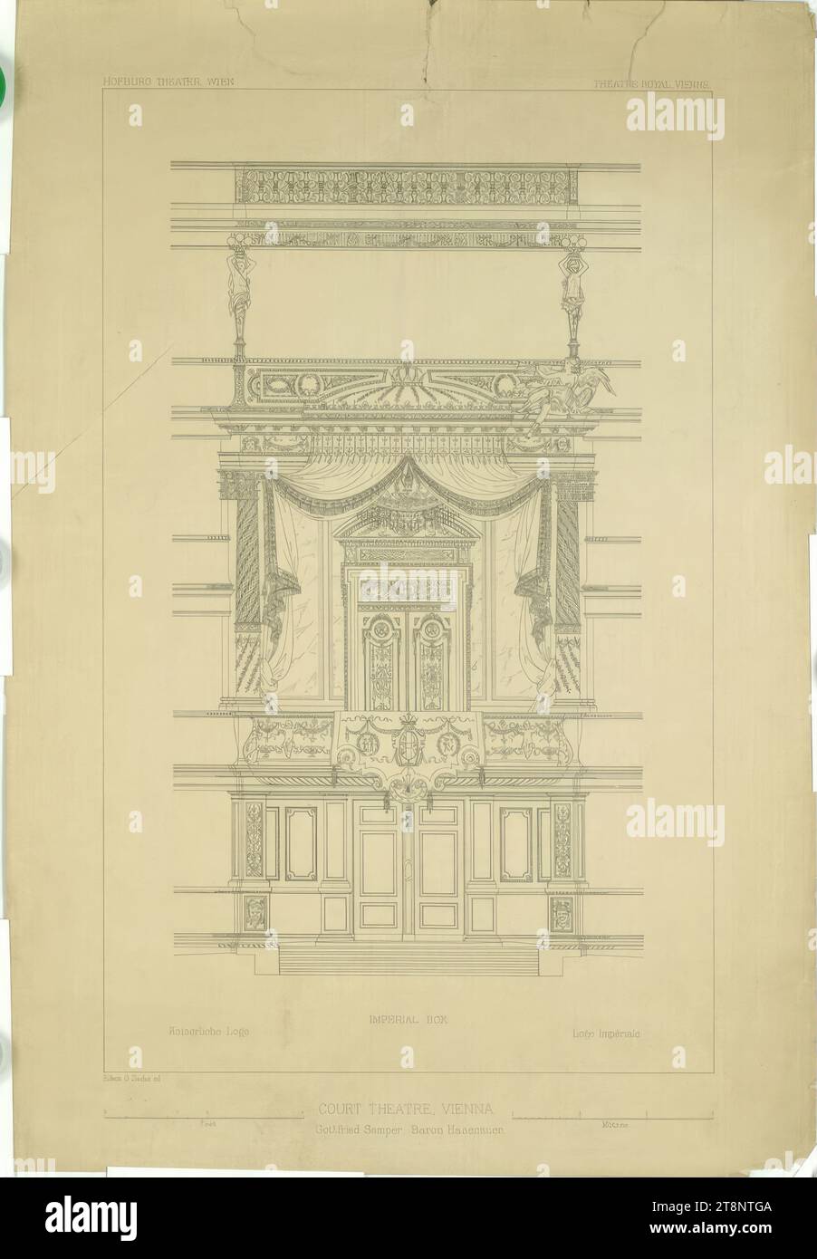 Vienna I, Burgtheater, auditorium, court box, elevation, Carl von Hasenauer (Vienna 1833 - 1894 Vienna), Gottfried Semper (Hamburg 1803 - 1879 Rome), architectural drawing, print, sheet: 583 mm x 405 mm, 'HOFBURG THEATER, VIENNA', 'THÉATRE ROYAL, VIENNE.', 'Imperial Loge.', 'IMPERIAL BOX.', 'Loge Impériale.', 'Edwin O. Sachs ed.:', 'COURT THEATRE, VIENNA./ Gottfried Semper, Baron Hasenauer Stock Photo