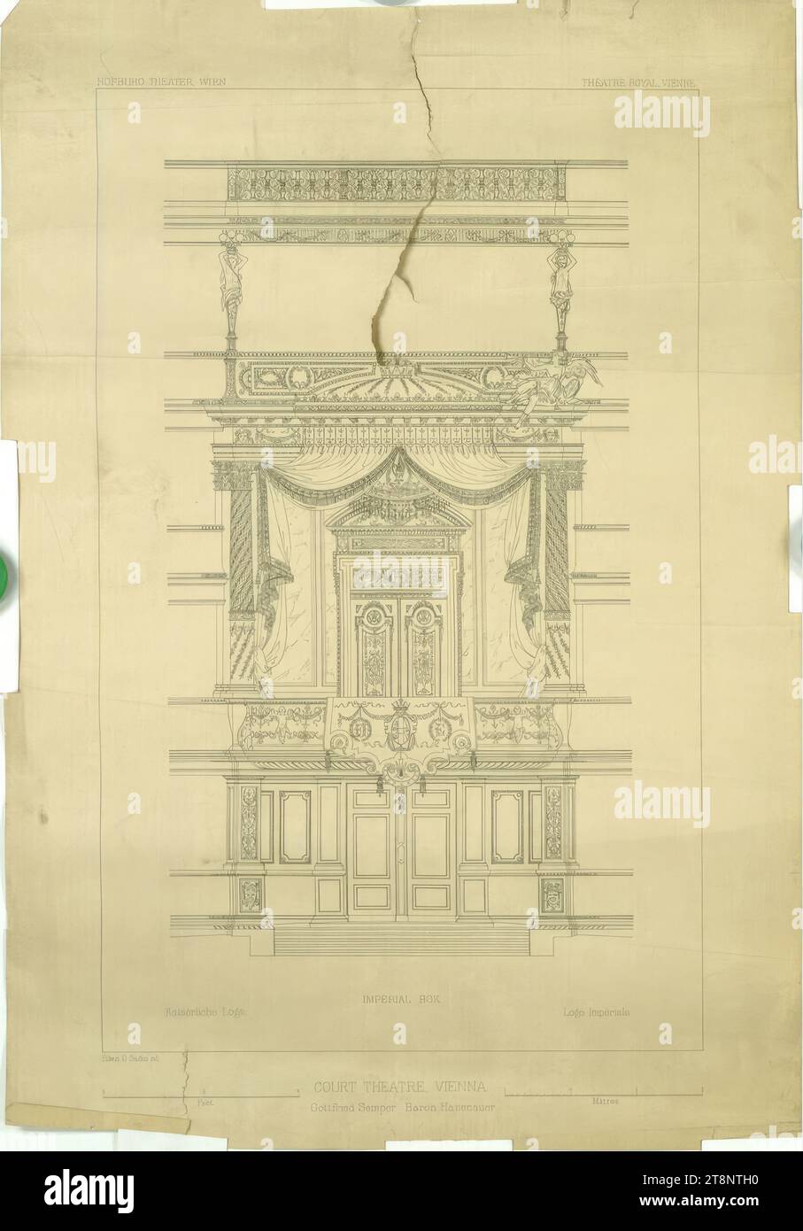 Vienna I, Burgtheater, auditorium, court box, elevation, Carl von Hasenauer (Vienna 1833 - 1894 Vienna), Gottfried Semper (Hamburg 1803 - 1879 Rome), architectural drawing, print, sheet: 583 mm x 405 mm, 'HOFBURG THEATER, VIENNA', 'THÉATRE ROYAL, VIENNE.', 'Imperial Loge.', 'IMPERIAL BOX.', 'Loge Impériale.', 'Edwin O. Sachs ed.:', 'COURT THEATRE, VIENNA./ Gottfried Semper, Baron Hasenauer Stock Photo