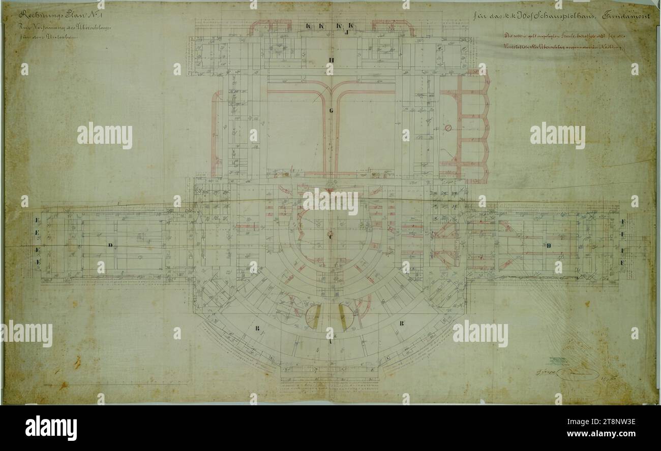 Vienna I, Burgtheater, foundations, floor plan, Gottfried Semper (Hamburg 1803 - 1879 Rome), Carl von Hasenauer (Vienna 1833 - 1894 Vienna), August 28, 1874, plan, wax canvas; black, red, and blue pen; washed; Pencil, sheet: 1002 mm x 1625 mm, 'CONSTRUCTION MANAGEMENT/ FOR THE K. K./ HOF MUSEUMS/ AND THE K. K./ HOF SCHAUSPIELHAUS', 'Accounting plan No 1/for the k k Hof Schauspielhaus. Foundation./ For the preparation of the cover/ for the substructure.' Stock Photo