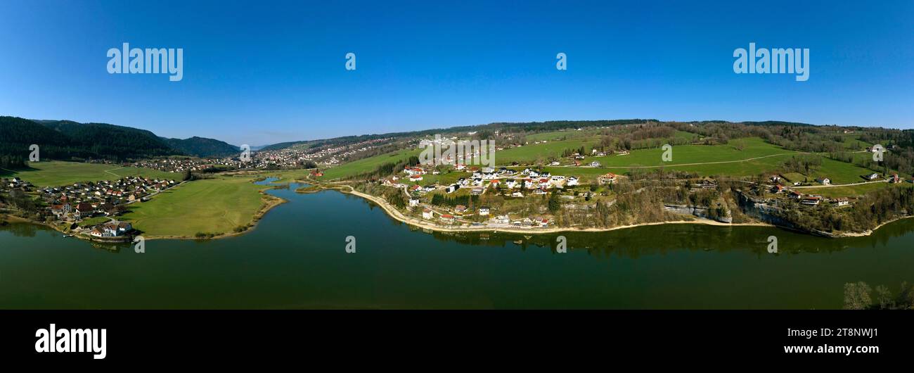 The hamlet of Chaillexon in the French commune of Villers-le-Lac on the shores of the Lac de Chaillexon in the valley of the border river Doubs Stock Photo