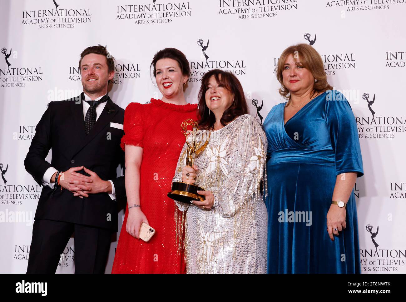 New York, United States. 20th Nov, 2023. Writer, Creator and Executive Producer Lisa McGee and Executive Producer Liz Lewin pose with the Best Comedy award for 'Derry Girls - Season 3' at the 51st International Emmy Awards at New York Hilton Midtown in New York City on Monday, November 20, 2023. Photo by John Angelillo/UPI Credit: UPI/Alamy Live News Stock Photo