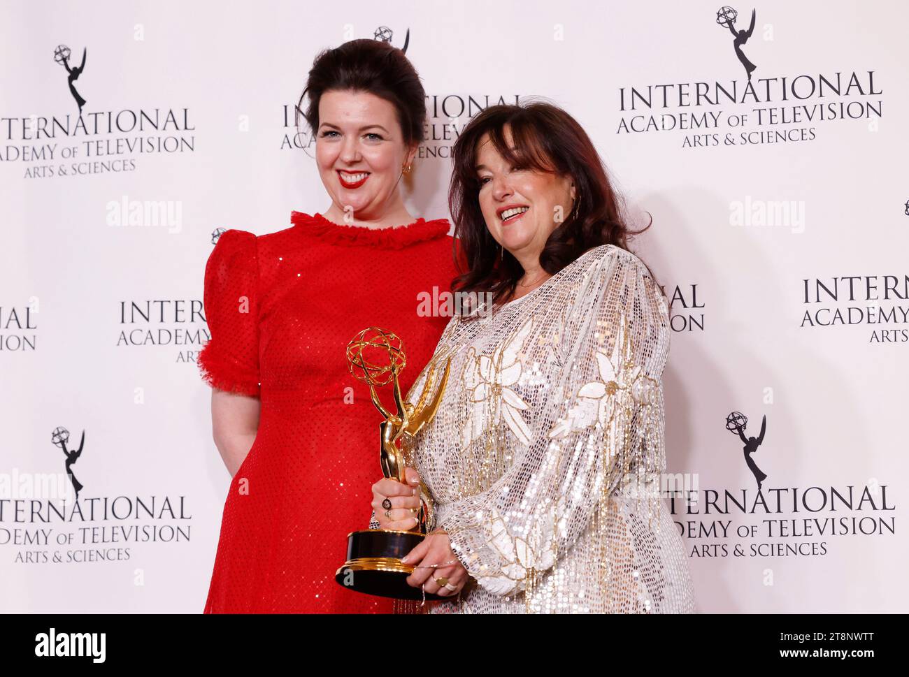 New York, United States. 20th Nov, 2023. Writer, Creator and Executive Producer Lisa McGee and Executive Producer Liz Lewin pose with the Best Comedy award for 'Derry Girls - Season 3' at the 51st International Emmy Awards at New York Hilton Midtown in New York City on Monday, November 20, 2023. Photo by John Angelillo/UPI Credit: UPI/Alamy Live News Stock Photo