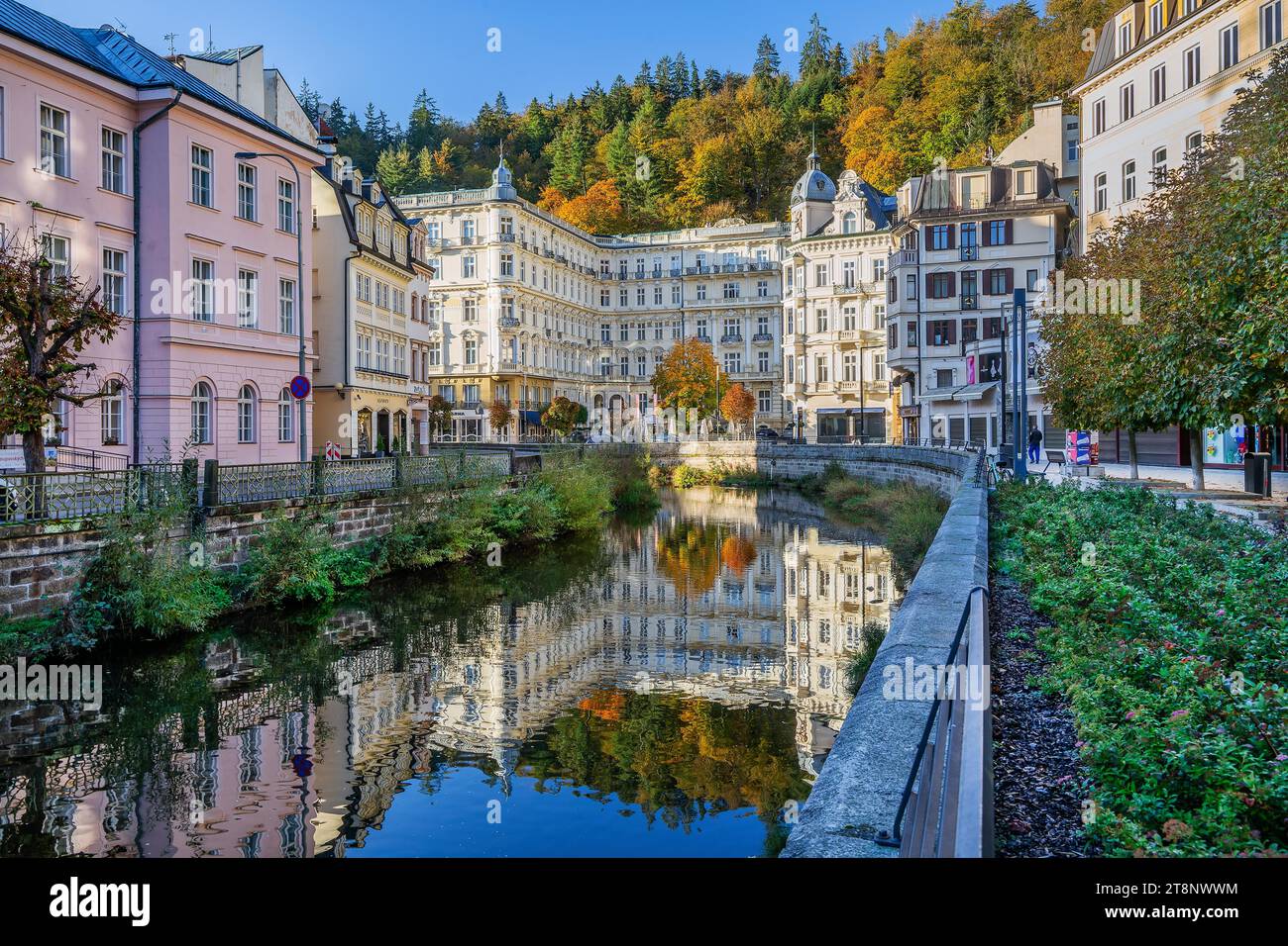 Grandhotel Pupp on the banks of the Tepla in autumn, Karlovy Vary, West Bohemian Spa Triangle, Karlovy Vary Region, Bohemia, Czech Republic, Unesco Stock Photo