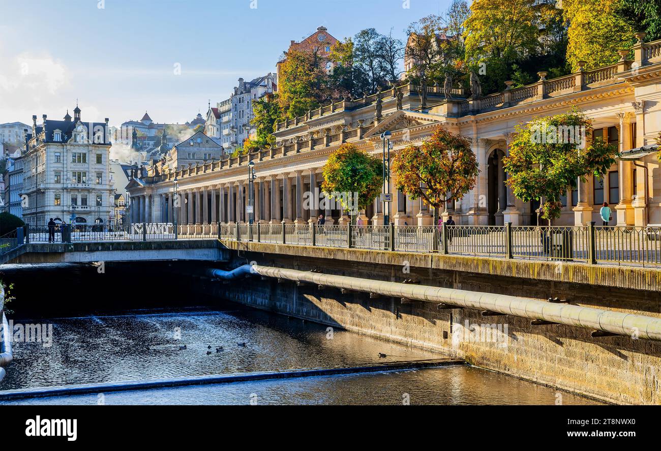 Mill Colonnade on the banks of the Tepla in autumn, Karlovy Vary, West Bohemian Spa Triangle, Karlovy Vary Region, Bohemia, Czech Republic, Unesco Stock Photo