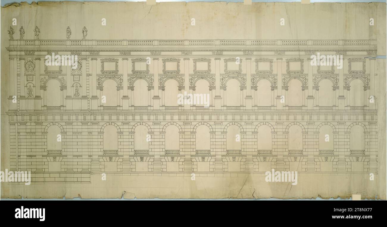 Vienna I, court museums, facade of the left wing, elevation, Carl von Hasenauer (Vienna 1833 - 1894 Vienna), from 1866, architectural drawing, break, 810 x 1638 mm Stock Photo