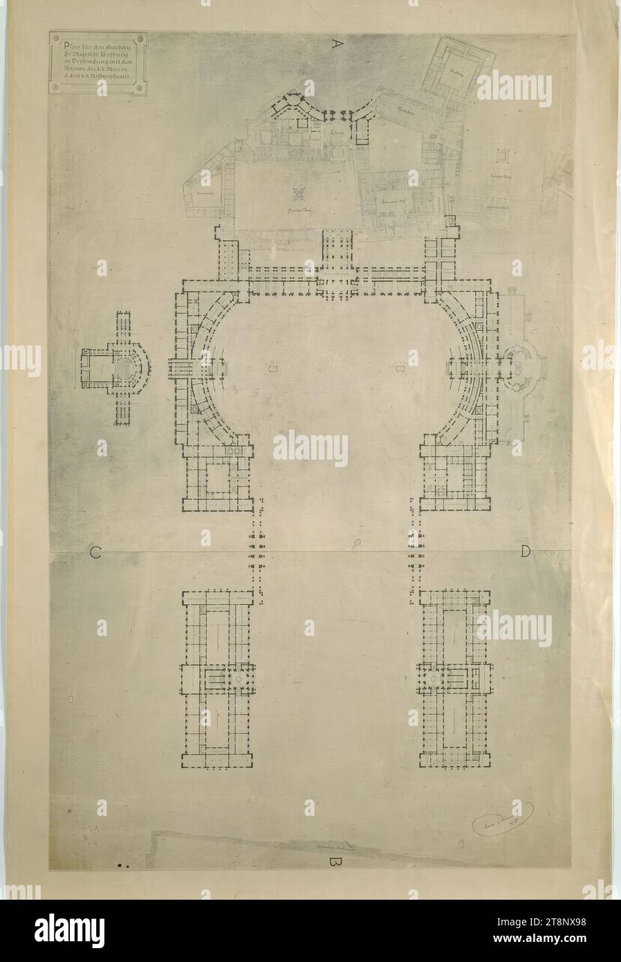 Vienna I, Hofburg, overall plan with Imperial Forum, floor plan, Gottfried Semper (Hamburg 1803 - 1879 Rome), Carl von Hasenauer (Vienna 1833 - 1894 Vienna), January 15, 1871, plan, print, sheet: 67.8 x 45 cm, ' Plan for the expansion, Sr. Majestät Hofburg, in connection with the, new construction of the k. k. Museums/ and the k. k. Hofburgtheater Stock Photo