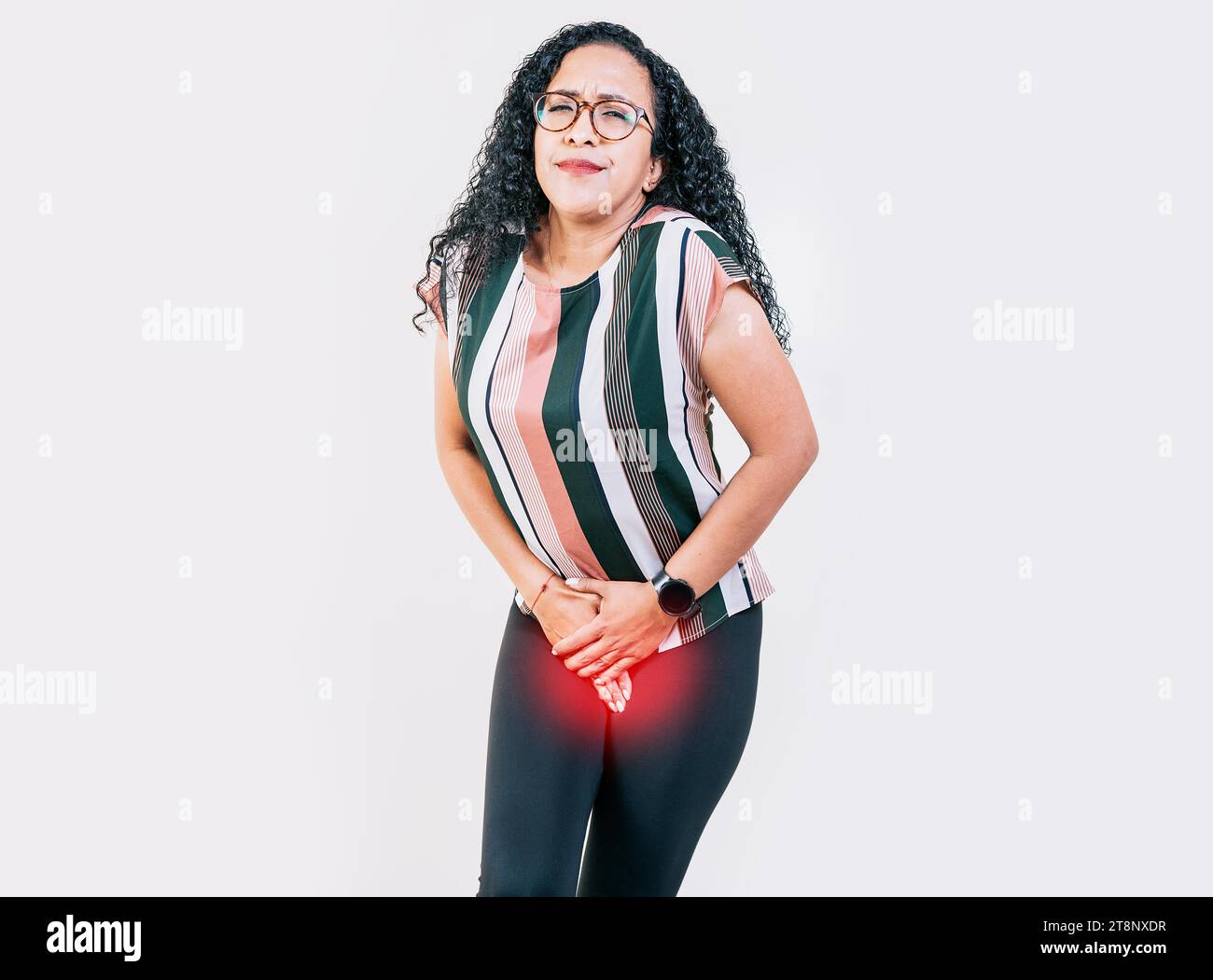 Afro girl with urinary incontinence isolated. Young latin woman with