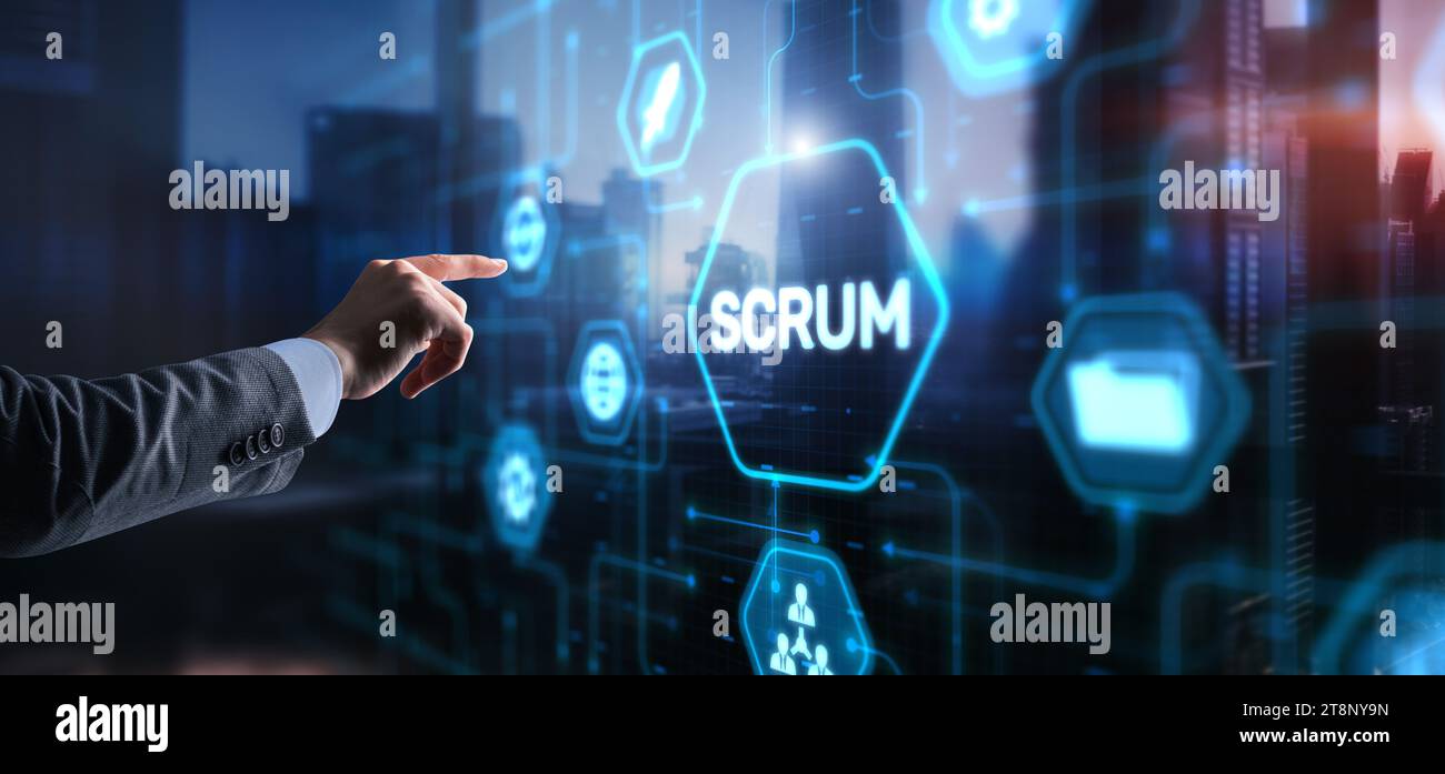 Businessman presses a button Scrum process software development outline concept. Stock Photo