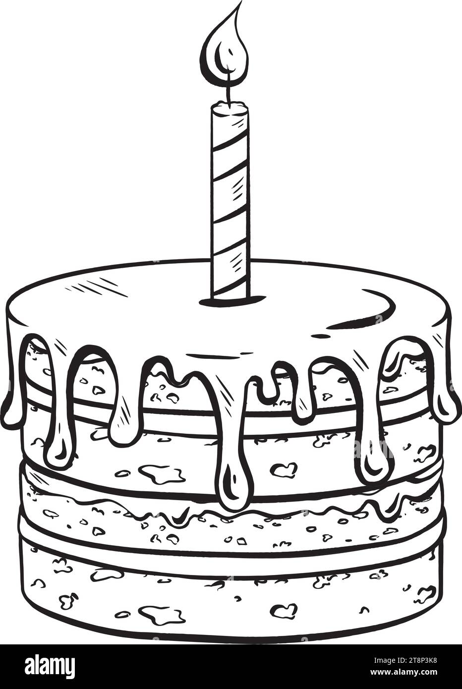 Hand-drawn vector. Ink. Classic cake with a lit candle. Layers soaked in delicious cream, dripping glaze. Tall striped candle burning brightly Stock Vector