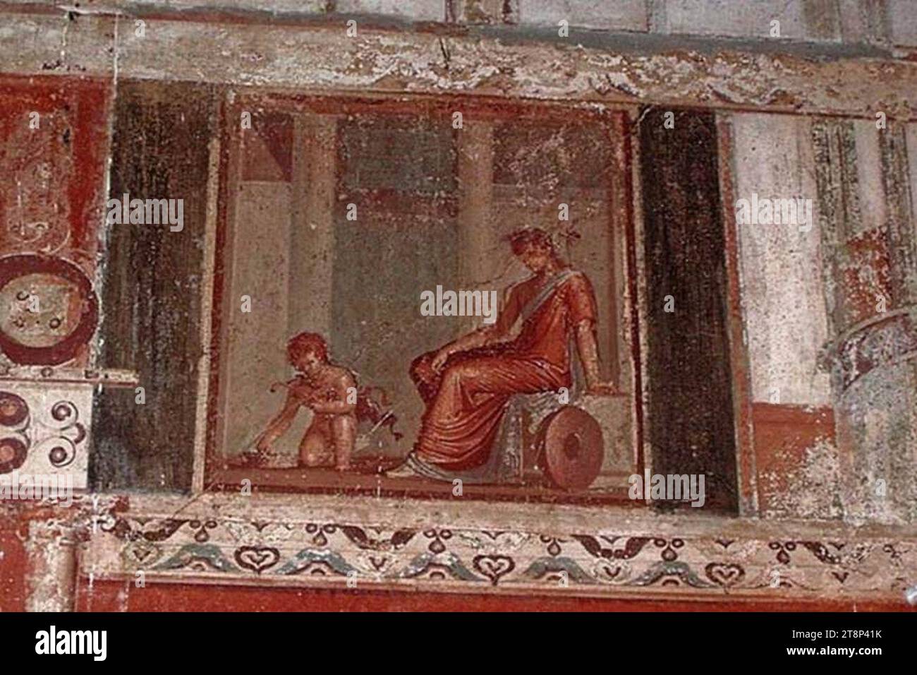 VI.17 Herculaneum. February 2003. Painting from south wall of oecus of a Maenad sitting watching boy Pan.. Stock Photo