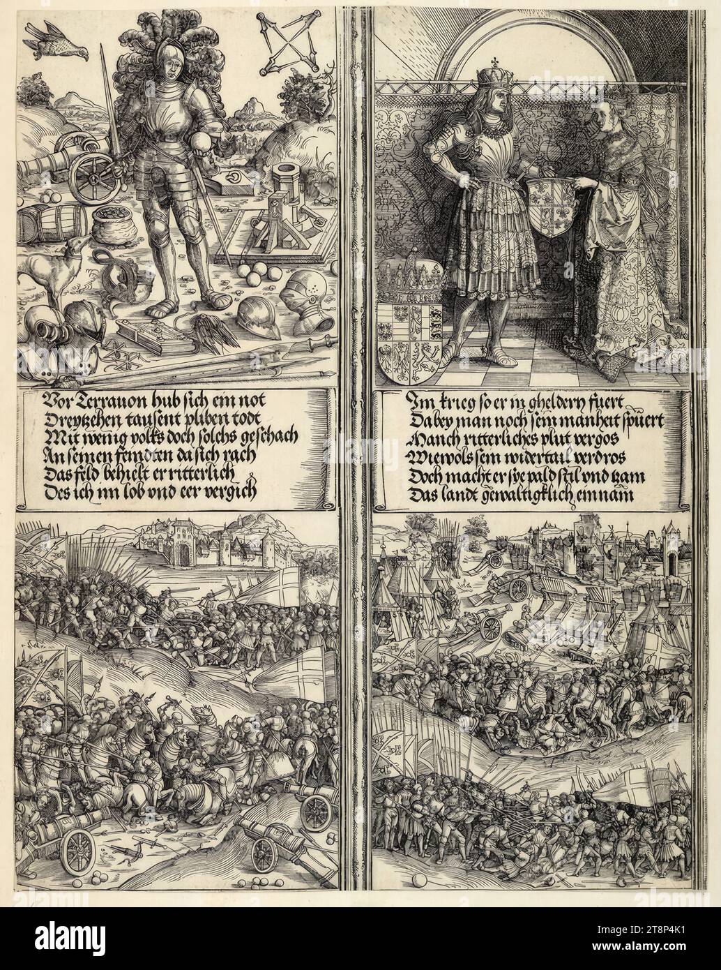 The youthful Maximilian, the marriage to Maria von Burgundy in 1477, the battle of Thérouanne/Guinegate in 1479, the first war over Geldern in 1481 (the gate of honor of Emperor Maximilian I, historical depictions, C 2.1, 2, 4, 5), the gate of honor of Emperor Maximilian I ., Hans Springinklee (Nuremberg 1490/95 - around 1540 Nuremberg), Wolf Traut (around 1490 - 1520, active in Nuremberg), 1515, print, woodcut Stock Photo