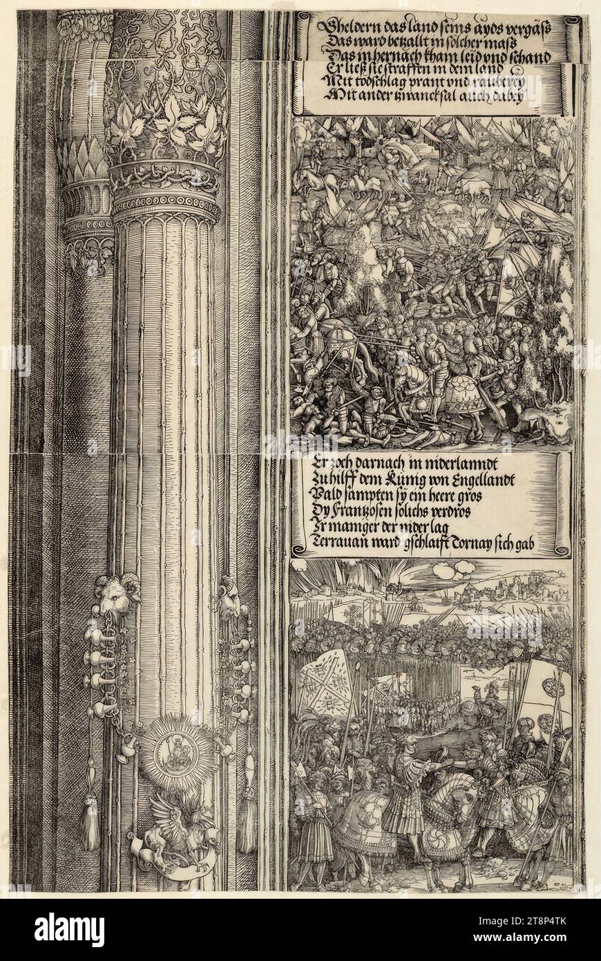 Pair of columns with the Aragonese order of the can, campaign in Geldern 1505, campaign in Flanders and alliance with Henry VIII 1513 (The Arch of Honor of Emperor Maximilian I, historical representations, B', C' 2.7, 10), The Arch of Honor of Emperor Maximilian I, Albrecht Dürer ( Nuremberg 1471 - 1528 Nuremberg), Hans Springinklee (Nuremberg 1490/95 - around 1540 Nuremberg), 1515, print, woodcut Stock Photo