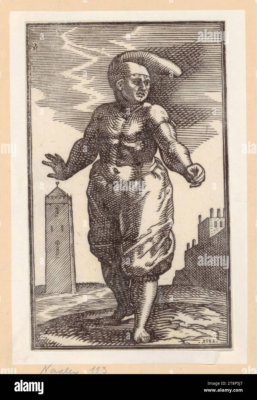 a man with a cap that has been bent over his shoulders in wide trousers well cut and well cut figures anno 1619 melchior lorch flensburg around 1527 after 1583 copenhagen rome or hamburg 1582 print woodcut sheet 202 x 122 cm 2T8P5J7