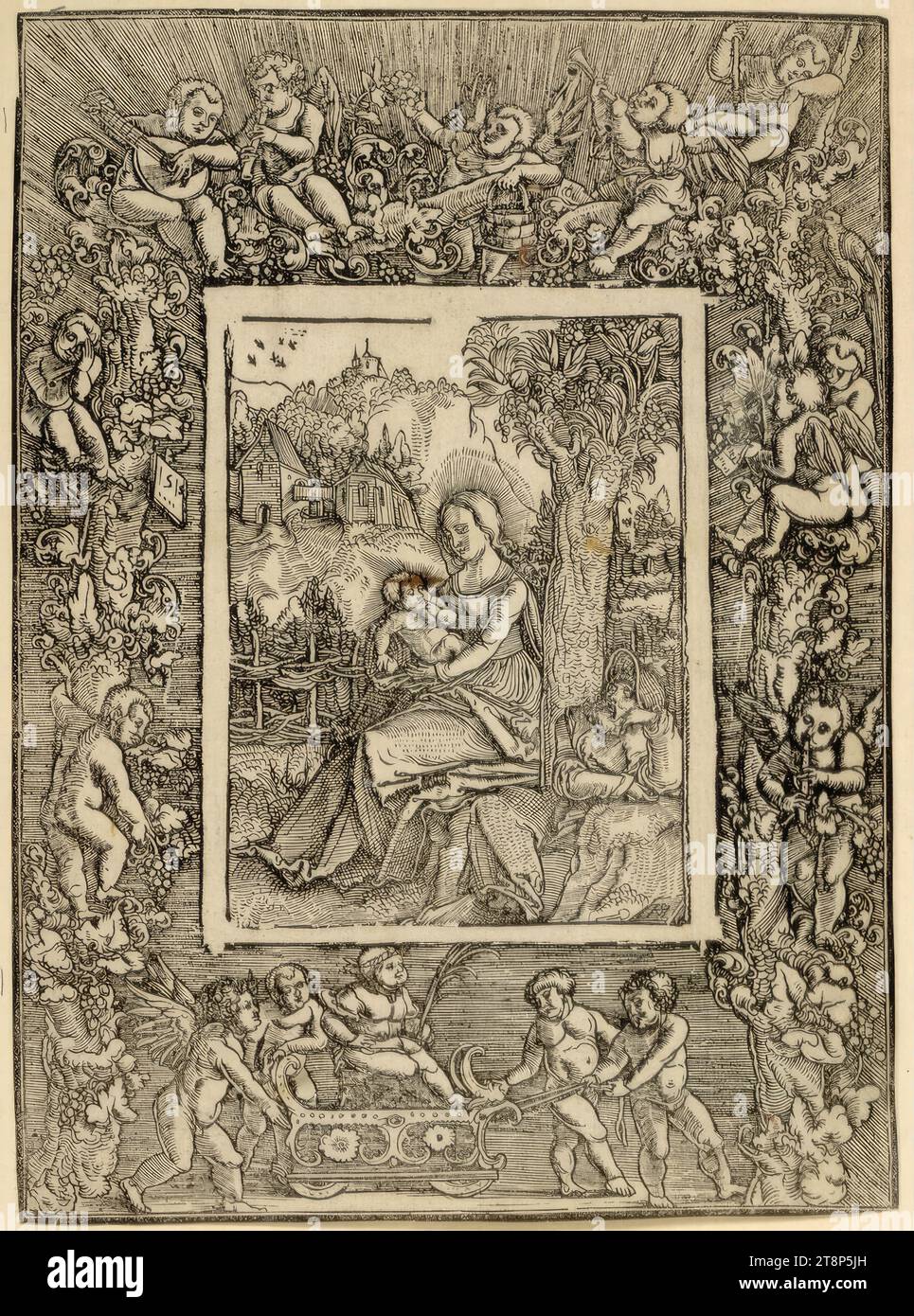 Rest on the flight to Egypt in a decorative frame with angels, Hans Schäufelin (Upper Rhine around 1482/83 - 1539/40 Nördlingen), 1515, print, woodcut, sheet: 24.3 x 17.6 cm Stock Photo