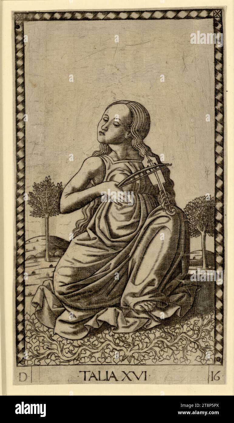 Thalia, E series Ferrara, master of tarocchi, before 1467, print, copper engraving, sheet: 17.8 x 10.1 cm Stock Photo