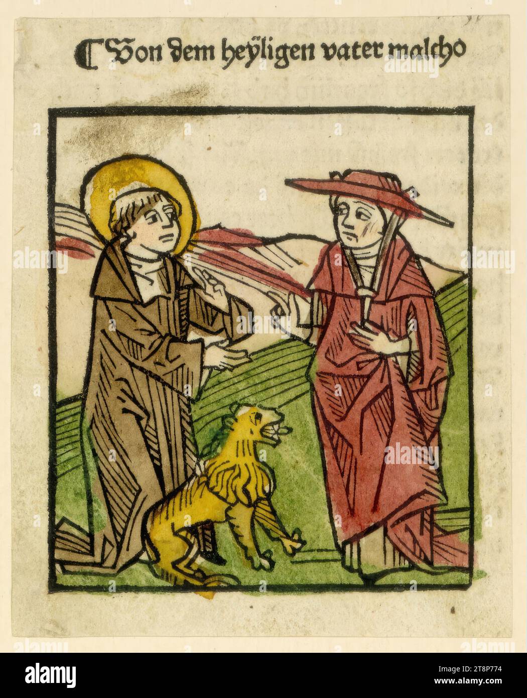 From the Holy Father Malchus, illustration to 'Life of the Holy Elders' by Sophronius Eusebius Hieronymus, Augsburg, Peter Berger edition, May 21, 1488, Peter Berger (active 1486 - 1489 in Augsburg), 1488, print, woodcut, coloured, sheet: 9.3 x 7.6 cm Stock Photo
