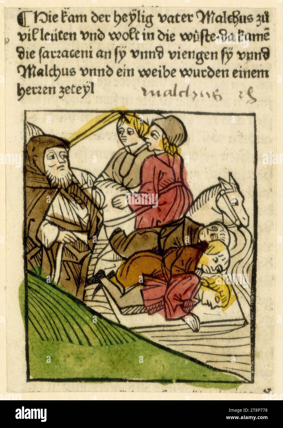 Father Malchus and the Saracens, illustration to 'Life of the Holy Elders' by Sophronius Eusebius Hieronymus, Augsburg, Peter Berger edition, May 21, 1488, Peter Berger (active 1486 - 1489 in Augsburg), 1488, printmaking, woodcut, colored, sheet : 10.4 x 7.4 cm Stock Photo