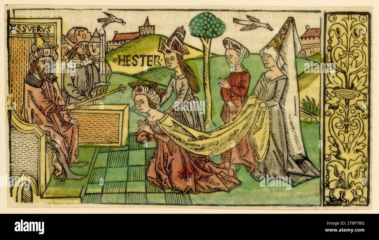 Esther vor Ahasver, illustration for the German Bible, Johannes Otmar edition, Augsburg 1507, Johannes Otmar (active around 1482-1514 in Reutlingen (place of birth), Tübingen, Augsburg), 1507, print, woodcut, coloured, sheet: 8.9 x 15 .9 cm Stock Photo