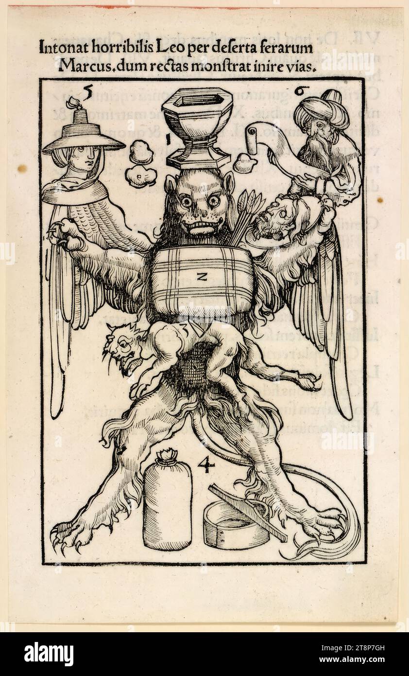 Marcus, Hexastichon Sebastiani Brant in memorabiles euangelistar[um] figuras, edition Thomas Anselm, Pforzheim 1504, Thomas Anshelm (Germany, around 1465 - 1524), 1504, print, woodcut, sheet: 17.9 x 11.7 cm Stock Photo