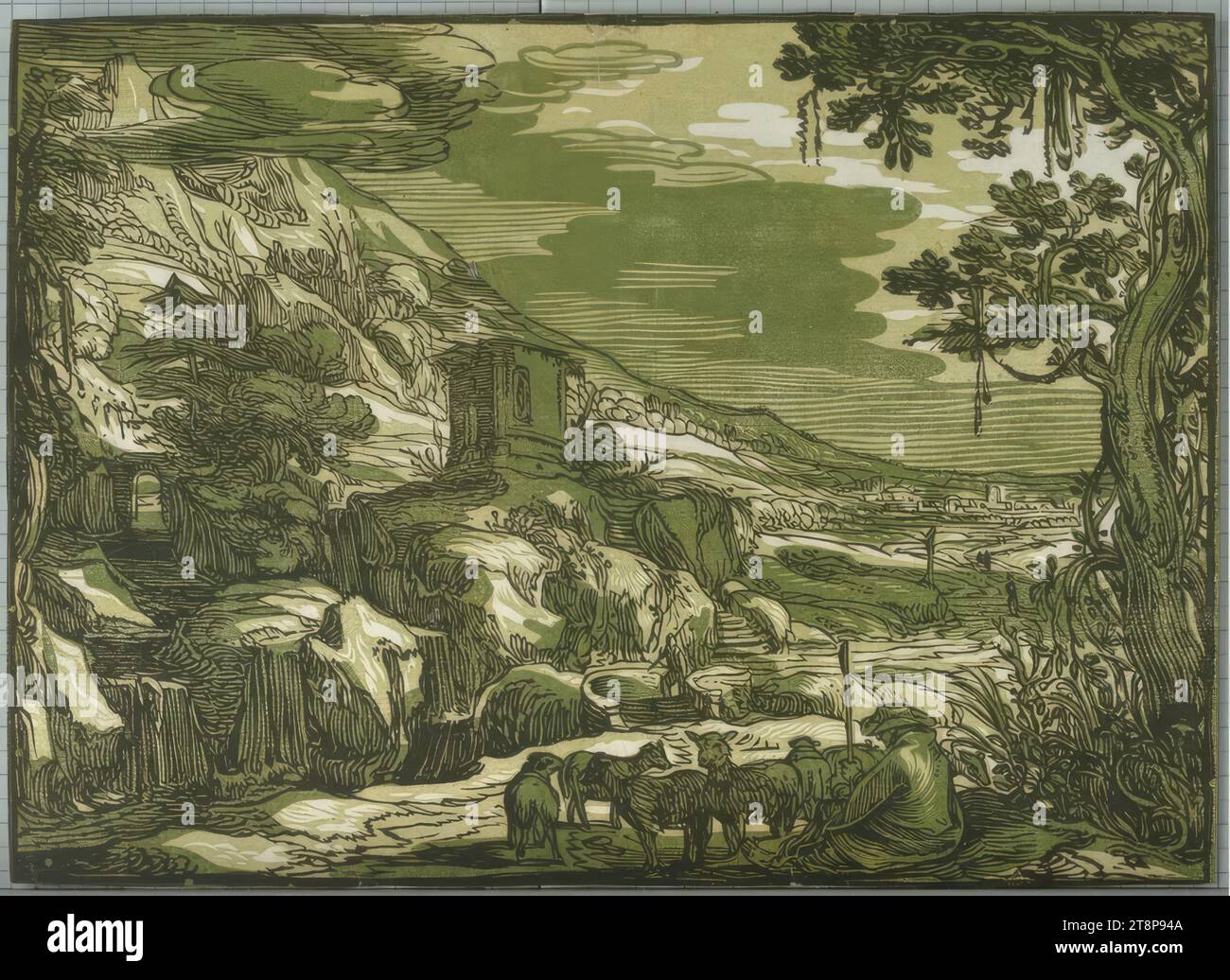 Arcadian landscape, Hendrick Goltzius (Bracht near Venlo 1558 - 1617 Haarlem), c. 1595-1610, printmaking, clair obscur woodcut in three panels (light green, dark green), sheet: 18 x 25 cm Stock Photo