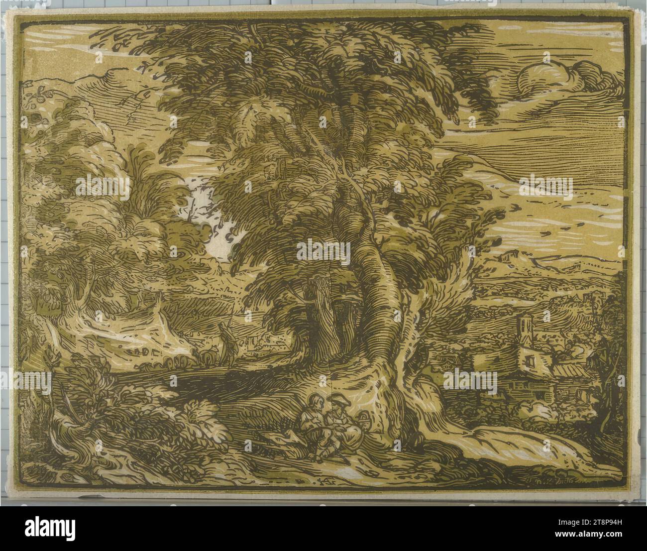 Landscape with a group of trees and a seated couple, Hendrick Goltzius (Bracht near Venlo 1558 - 1617 Haarlem), c. 1593-1598, printmaking, woodcut (clair obscur woodcut), from two plates, sheet: 11.9 x 15.2 cm Stock Photo