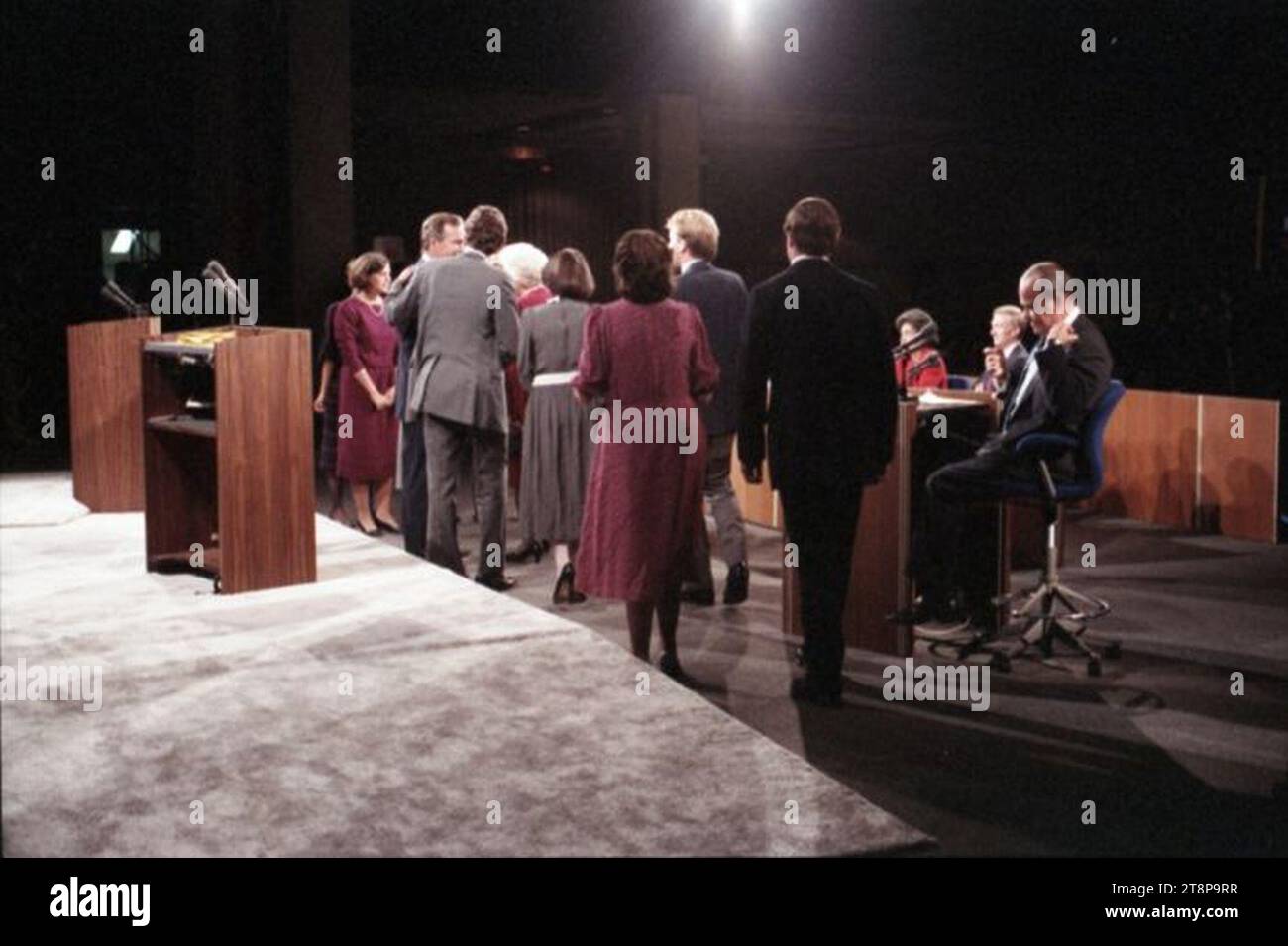 Vice President Bush, Vice Presidential Candidate Geraldine Ferraro, and their families greet each other following the 1984 Vice Presidential Debate in Philadelphia, PA. 1. Stock Photo