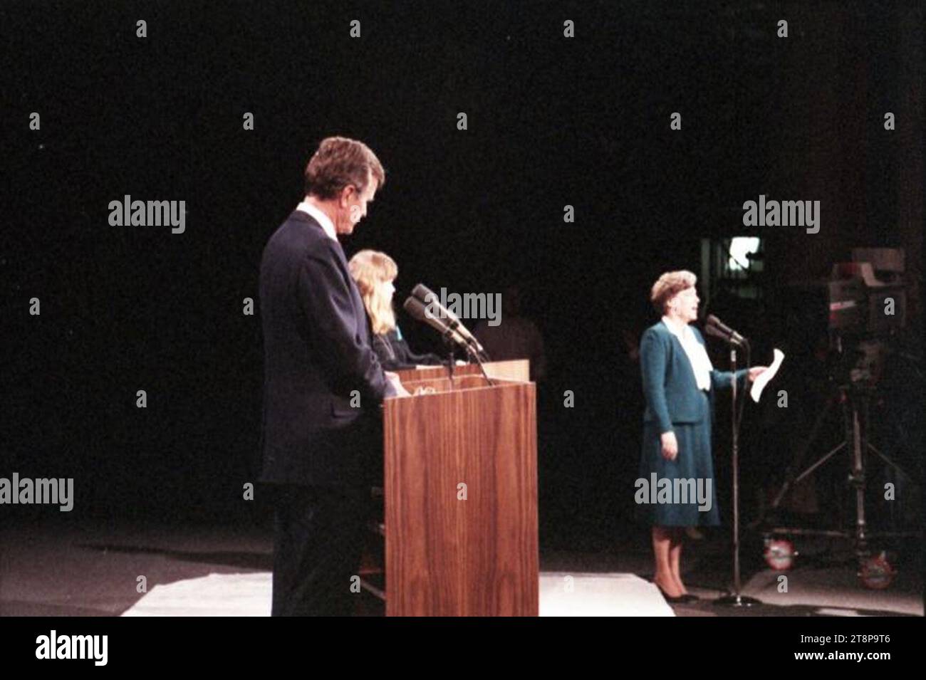 Vice President Bush practices onstage for the 1984 Vice Presidential Debate between himself and Geraldine Ferraro, held in Philadelphia, PA. 3276. Stock Photo