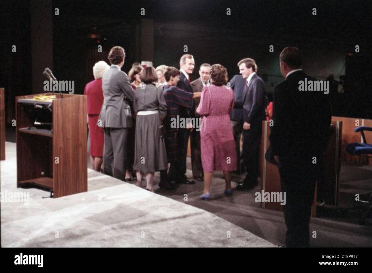 Vice President Bush, Vice Presidential Candidate Geraldine Ferraro, and their families greet each other following the 1984 Vice Presidential Debate in Philadelphia, PA. 2. Stock Photo