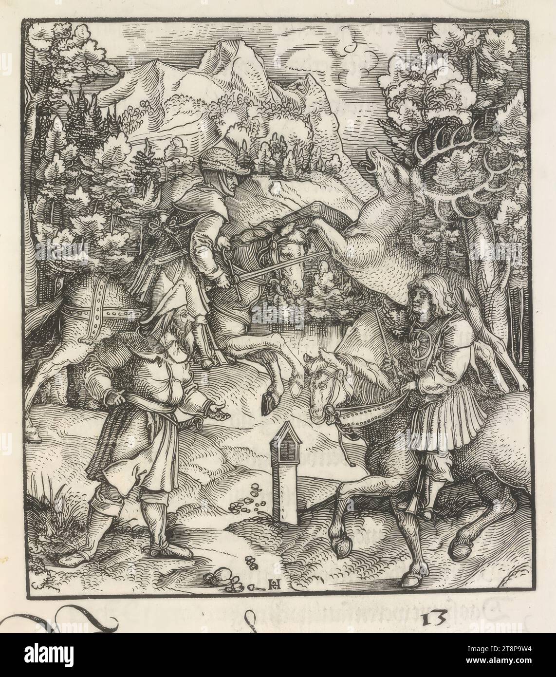 Theuerdank: Image 13 - Theuerdank kills an oncoming stag with his sword from a horse, The 'Theuerdank' of Emperor Maximilian I, Hans Schäufelin (Upper Rhine around 1482/83 - 1539/40 Nördlingen), 1517, print, woodcut, sheet: 34 .7 x 24.3 cm Stock Photo