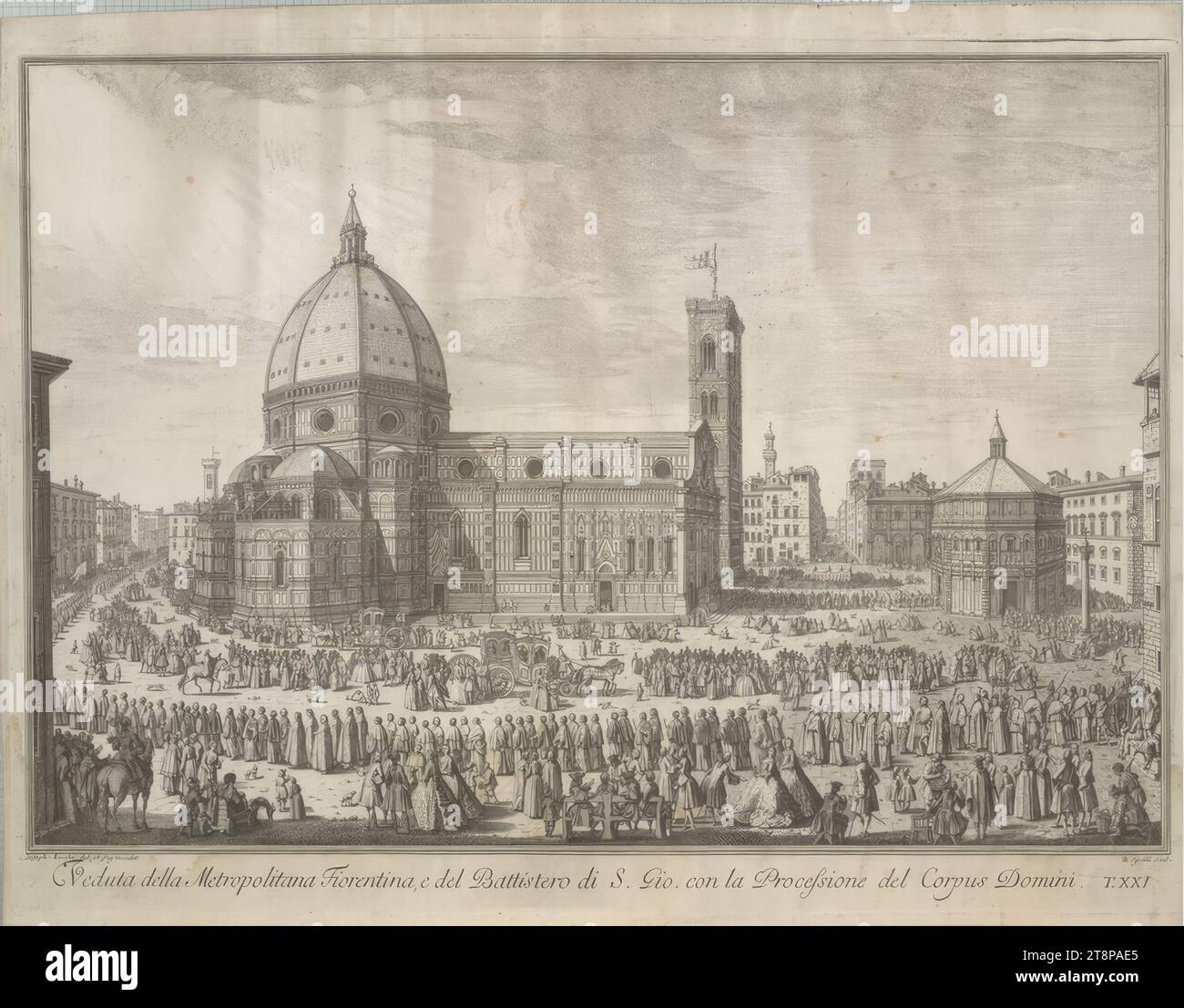 View of the Cathedral of Santa Maria del Fiore and the Baptistery of San Giovanni in Florence with the procession taking place in front of it, Bernardo Sansone Sgrilli (Italy, deceased 1755), 1744, printmaking, copper engraving, etching, sheet: 53.6 x 68.9 cm Stock Photo