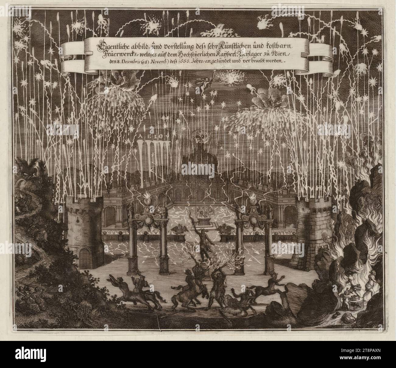 Fireworks on December 8, 1666 on the occasion of the marriage of Leopold I and Margerita Teresia, anonymous, (after) 1666, print, etching, sheet: 30.4 x 34.6 cm Stock Photo