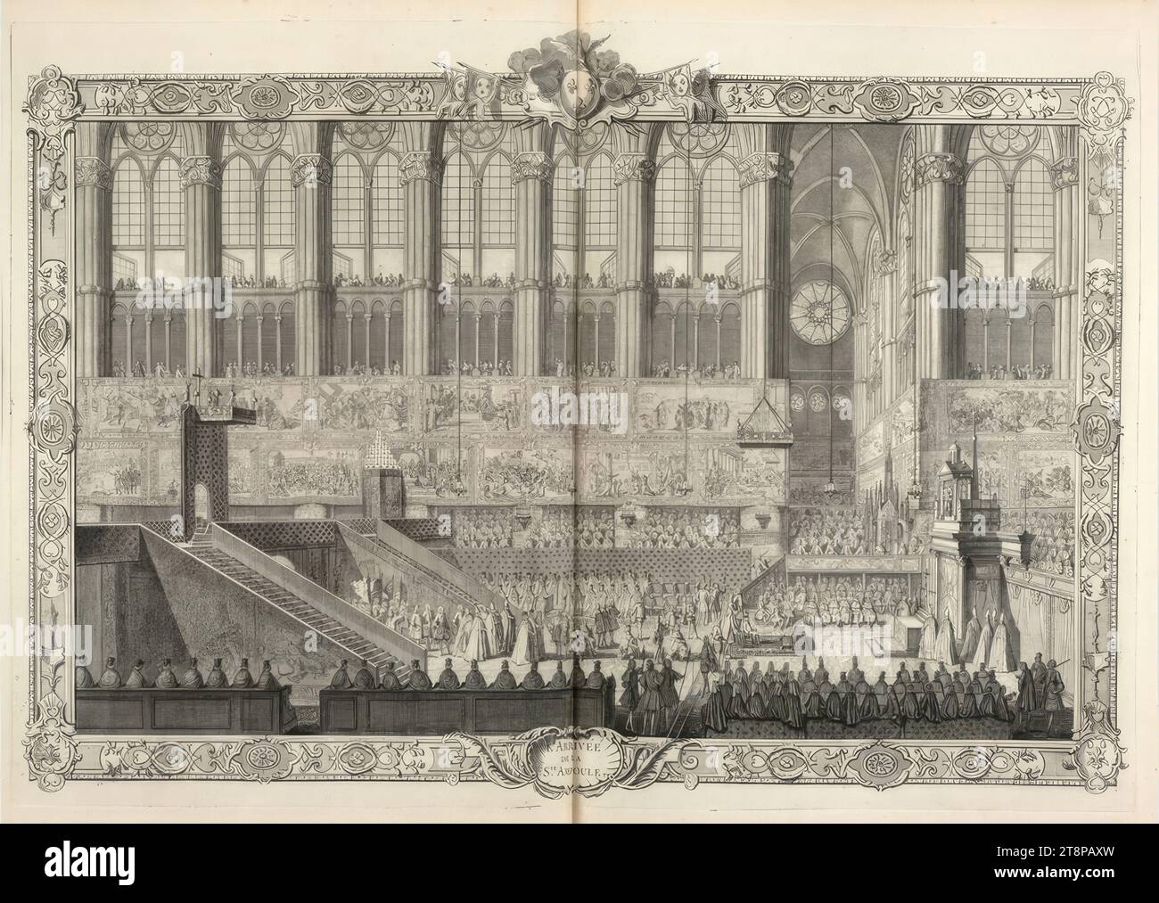 The coronation ceremony of Louis XV, King of France and Navarre, in the church of Reims: The arrival of the Holy Ampoule, Pierre Dulin (Paris 1669 - 1748 Paris), 1722, printmaking, copper engraving, sheet (double sheet): 62.5 x 88 cm Stock Photo