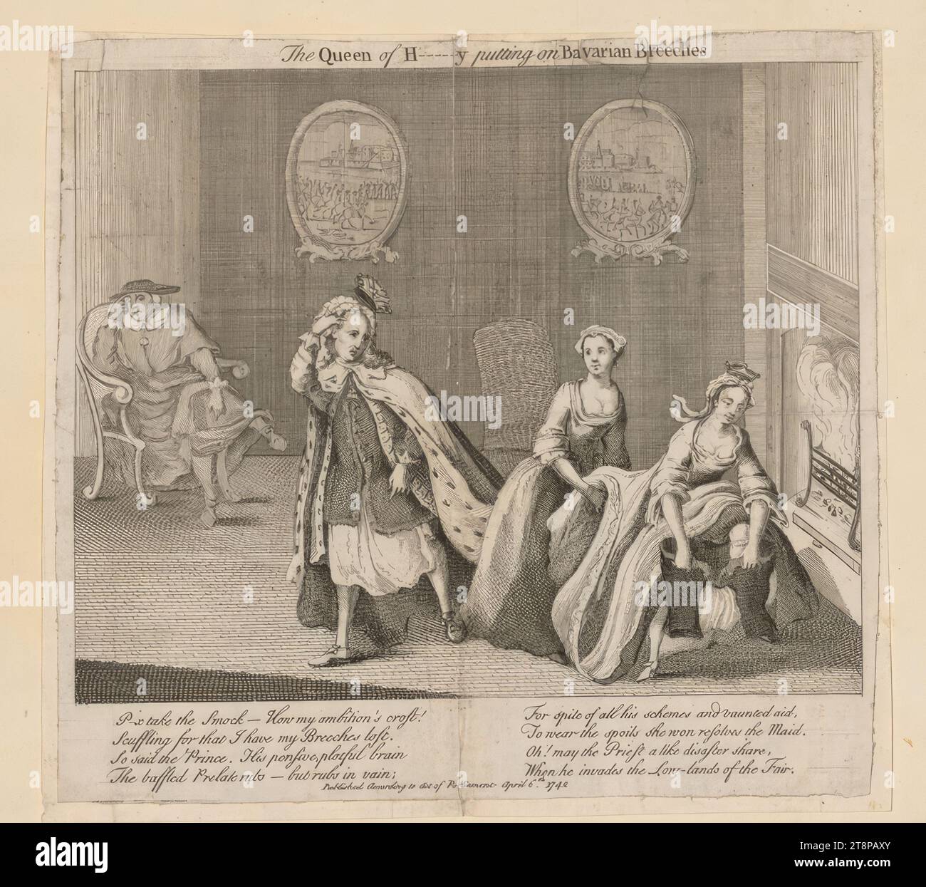 The Queen of Hungary putting on Bavaria Breeches (Caricature of the War of the Austrian Succession), 1742, Anonymous WVDSDSW, English), 1742, Print, copper engraving, etching, Sheet: 22.7 × 24.5 cm Stock Photo