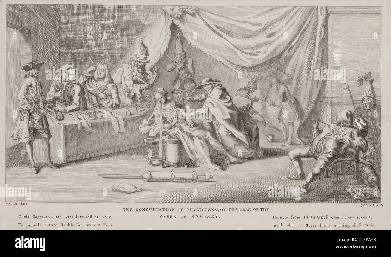 European Medical Council around Maria Theresia (caricature of the War of the Austrian Succession), 1742, (after) 1742, print, copper engraving, etching, sheet: 19.6 × 32.9 cm Stock Photo