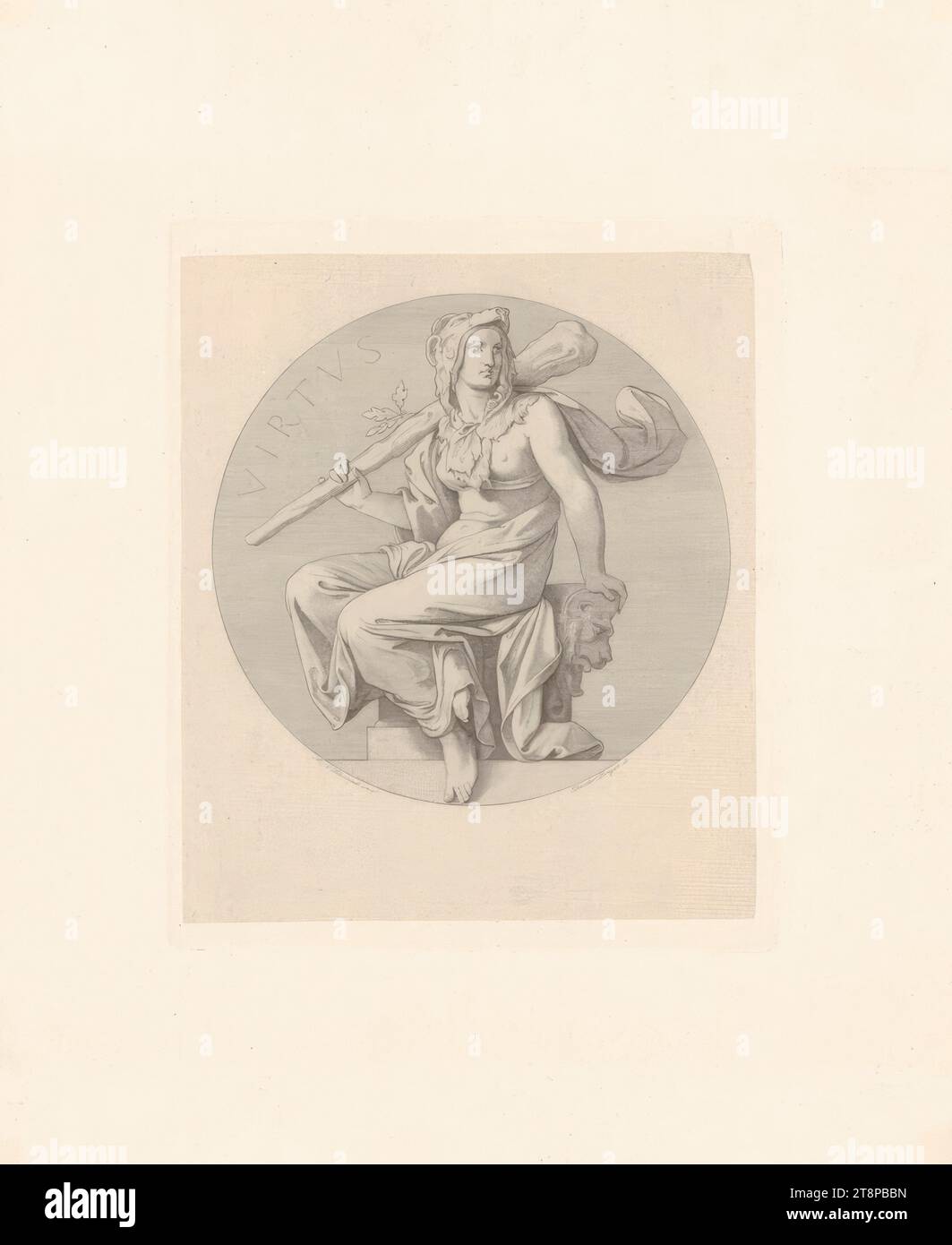 Allegorical figure: Virtus (bravery), round medallions for the meeting room of the Karlsruhe Estates House, 1848, print, copper engraving, etching, plate ocher, sheet: 34.6 × 28.2 cm Stock Photo